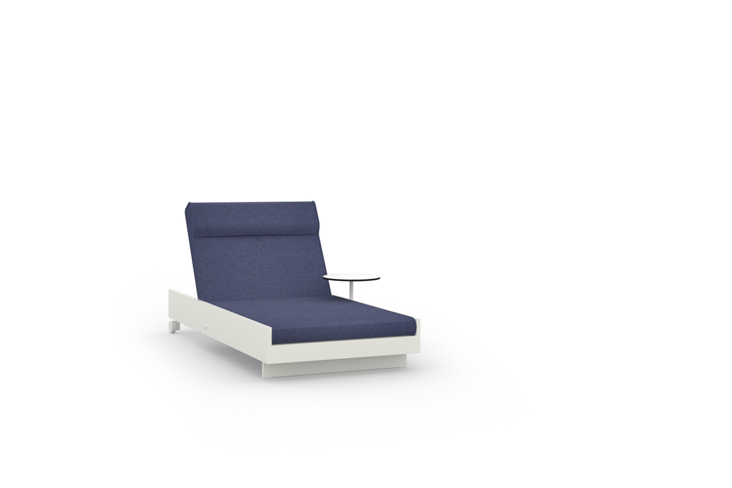 BOULEVARD Sunbed with Integrated Table - Ultra Durable Aluminum Cotton, Sunbrella Cat. G Heritage Denim, HPL Alpes White